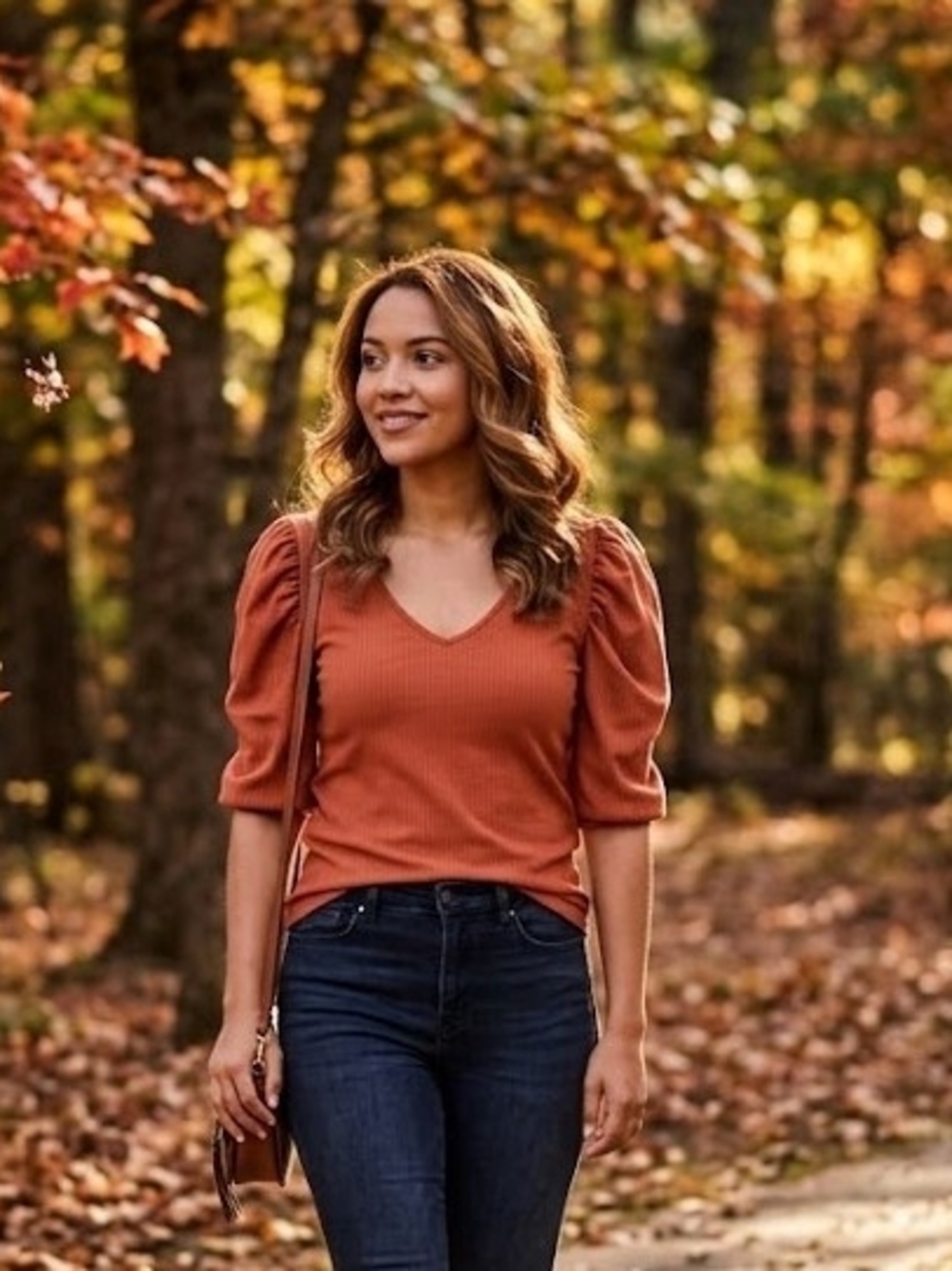 Sugarlips Rust Ribbed V-Neck Puff Sleeve Top